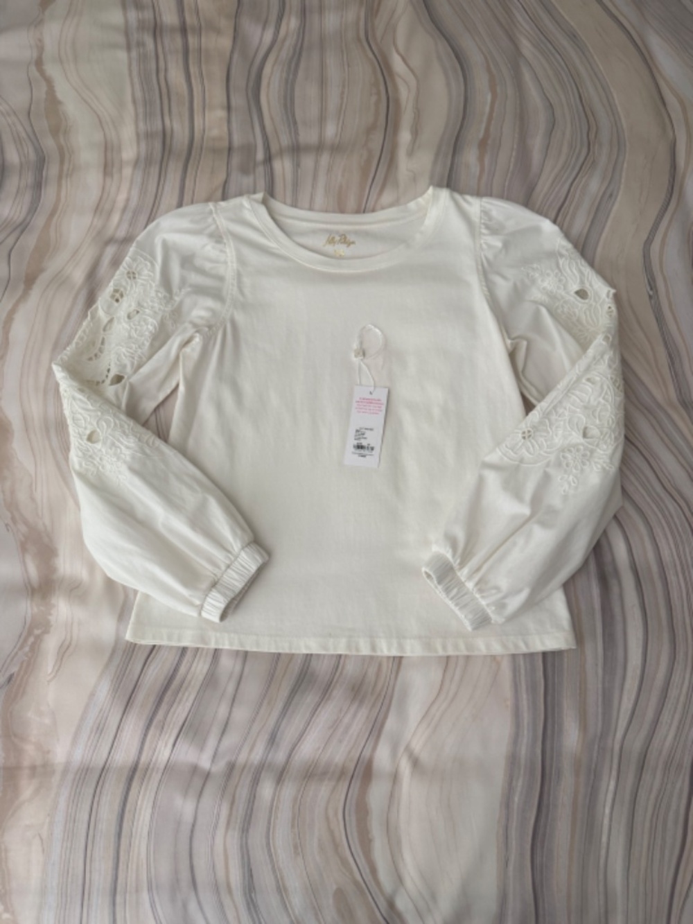 Lilly Pulitzer Isley Knit Top Ivory "Coconut" Long Eyelet Sleeves Top Tee Sz XS - Picture 4 of 15
